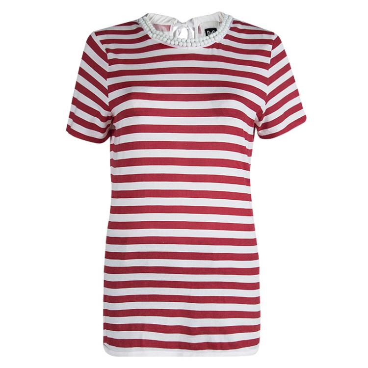 Pre Owned D&G Red and White Striped Knit Bead Detail T-Shirt L 