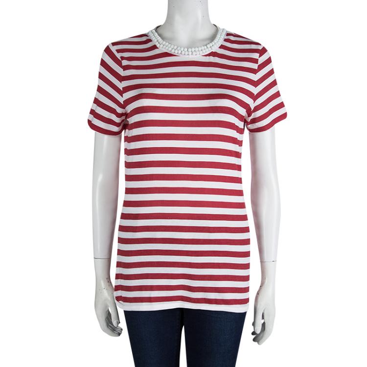 Pre Owned D&G Red and White Striped Knit Bead Detail T-Shirt L 