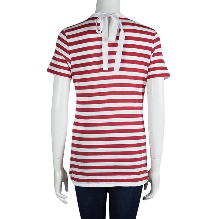 Pre Owned D&G Red and White Striped Knit Bead Detail T-Shirt L 