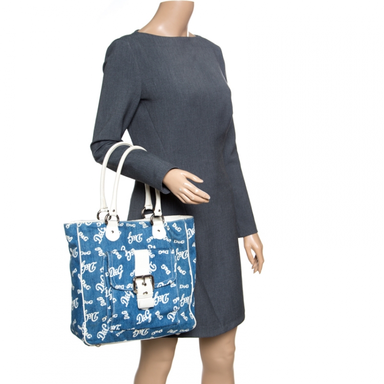 Pre Owned D&G Blue/White Denim and Leather Tote