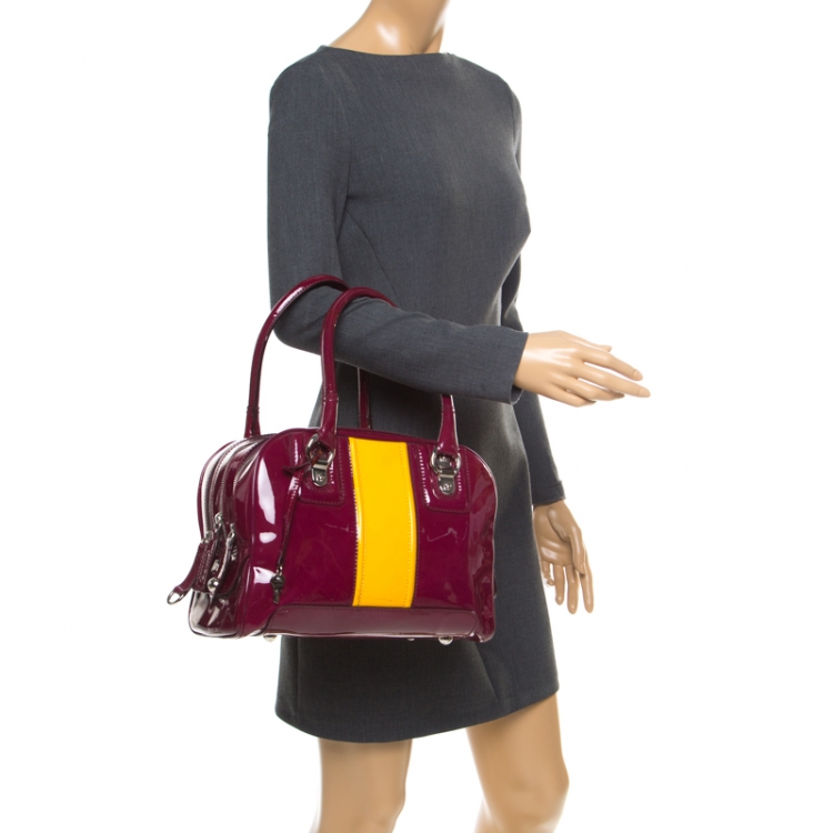 Pre Owned D&G Burgundy/Yellow Patent Leather Lily Stripe Bowler Bag