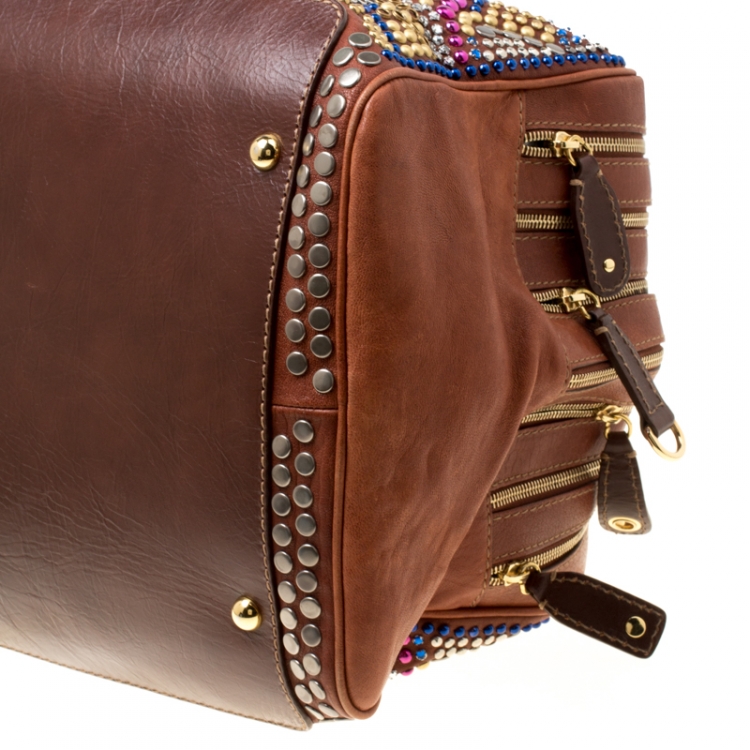 Pre Owned Dolce and Gabbana Brown Leather Embellished Lily Satchel