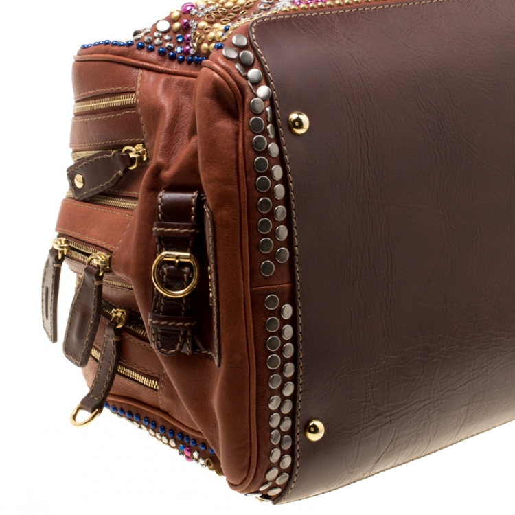 Pre Owned Dolce and Gabbana Brown Leather Embellished Lily Satchel