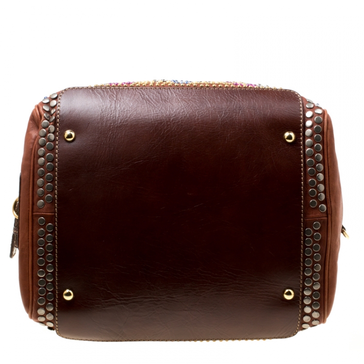 Pre Owned Dolce and Gabbana Brown Leather Embellished Lily Satchel