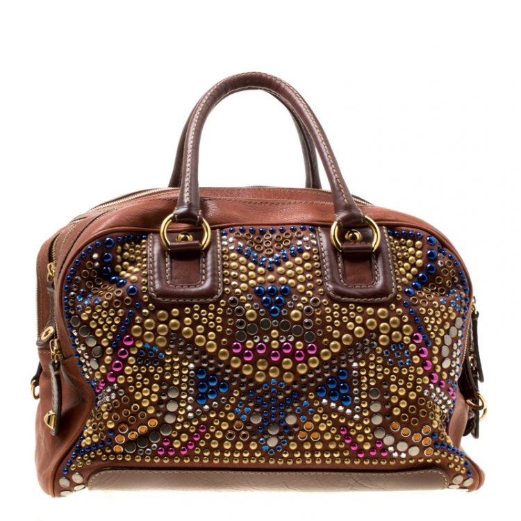 Pre Owned Dolce and Gabbana Brown Leather Embellished Lily Satchel