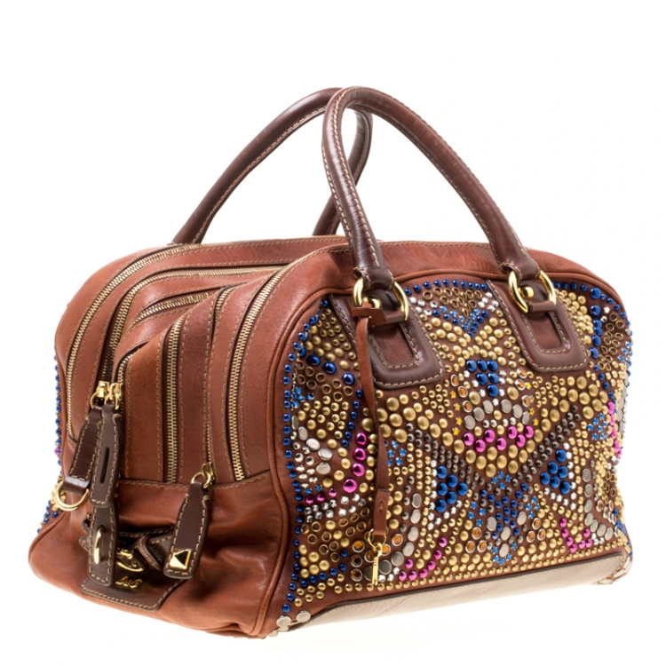 Pre Owned Dolce and Gabbana Brown Leather Embellished Lily Satchel