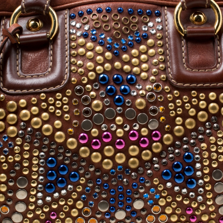 Pre Owned Dolce and Gabbana Brown Leather Embellished Lily Satchel