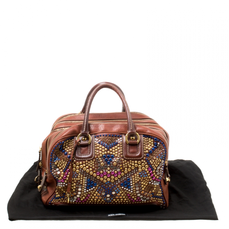 Pre Owned Dolce and Gabbana Brown Leather Embellished Lily Satchel