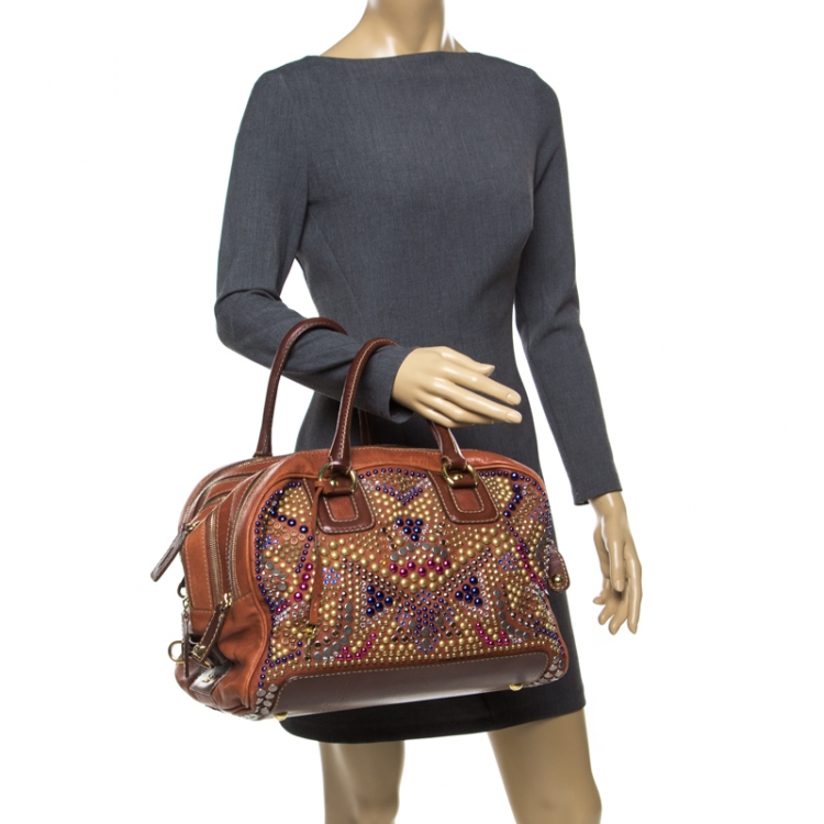 Pre Owned Dolce and Gabbana Brown Leather Embellished Lily Satchel