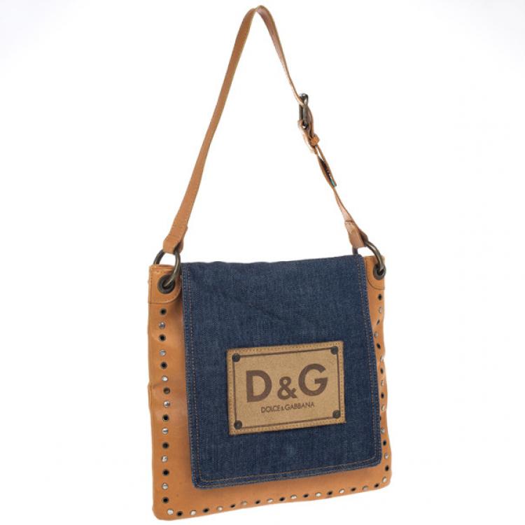 Pre Owned D and G Brown Leather and Denim Messenger Bag
