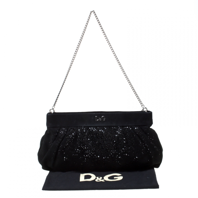 Pre Owned D&G Black Crystal Embellished Suede Chain Clutch