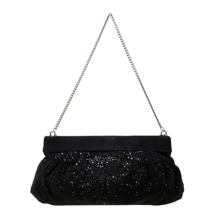 Pre Owned D&G Black Crystal Embellished Suede Chain Clutch