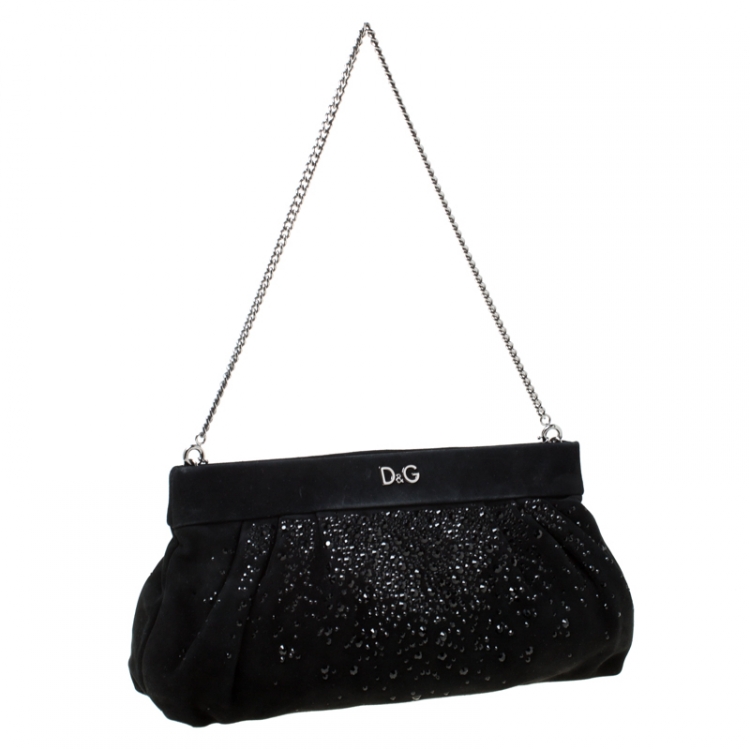 Pre Owned D&G Black Crystal Embellished Suede Chain Clutch