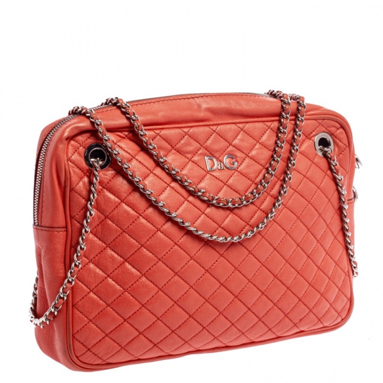 Pre Owned D&G Coral Orange Quilted Leather Lily Glam Shoulder Bag