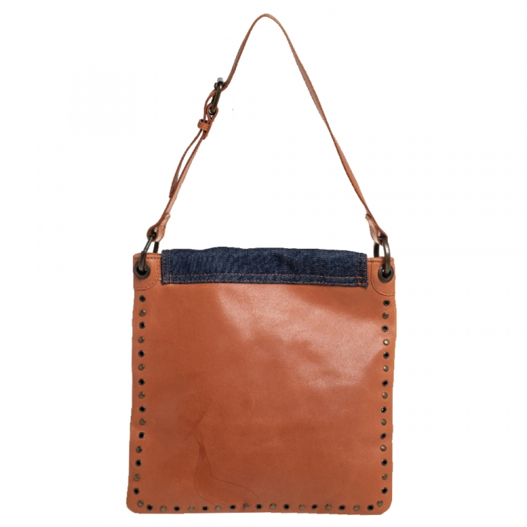 Pre Owned D&G Brown/Blue Denim and Leather Studded Flap Slim Shoulder Bag