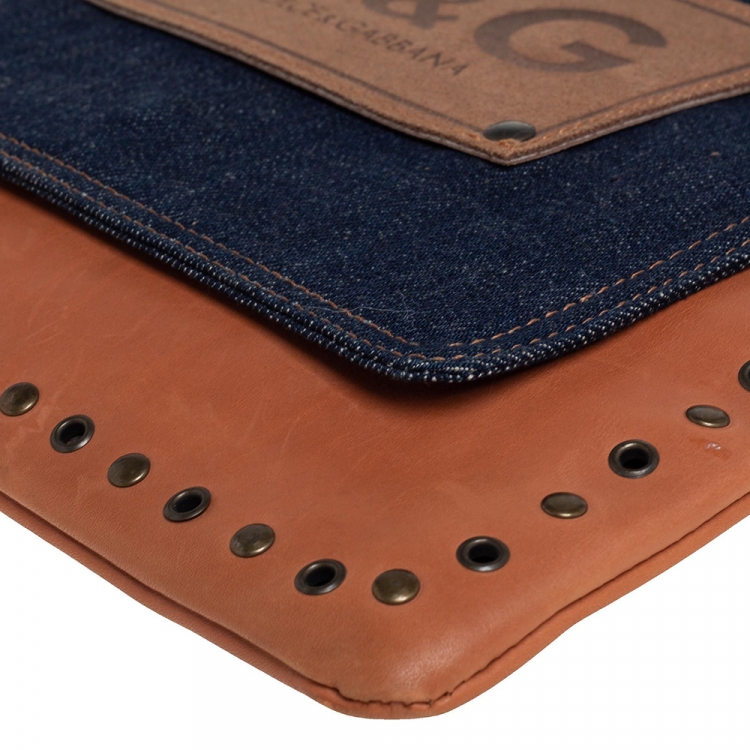 Pre Owned D&G Brown/Blue Denim and Leather Studded Flap Slim Shoulder Bag