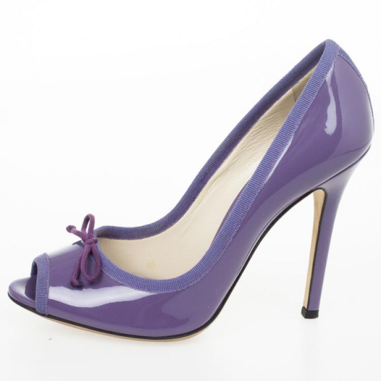 Pre Owned D&amp;G Purple Patent Bow Peep Toe Pumps Size 38.5