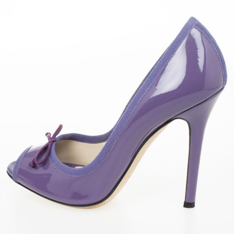 Pre Owned D&amp;G Purple Patent Bow Peep Toe Pumps Size 38.5