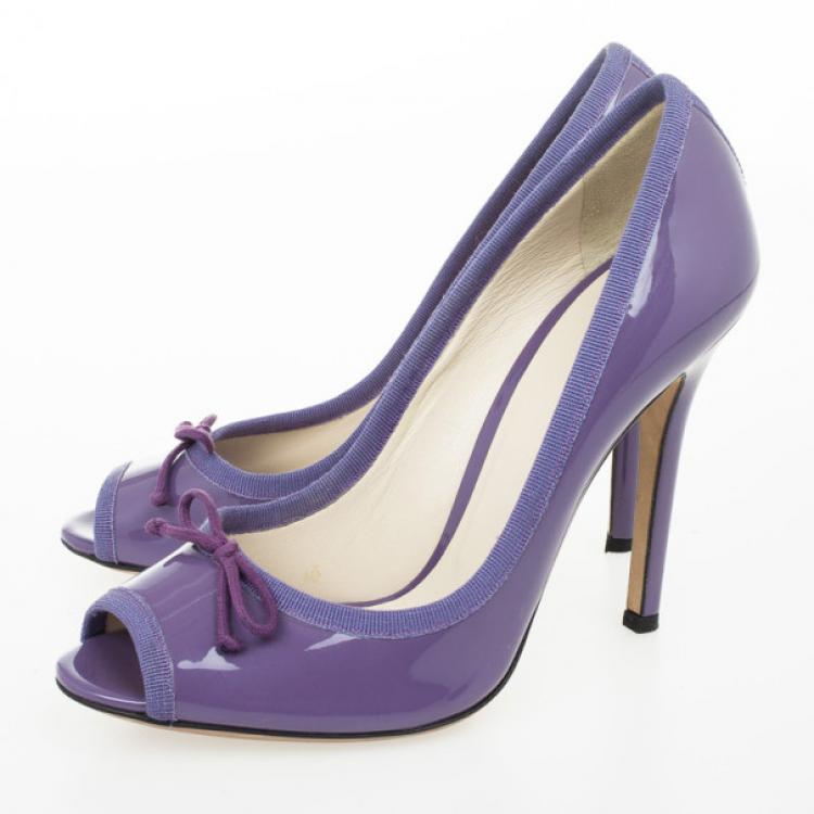 Pre Owned D&amp;G Purple Patent Bow Peep Toe Pumps Size 38.5