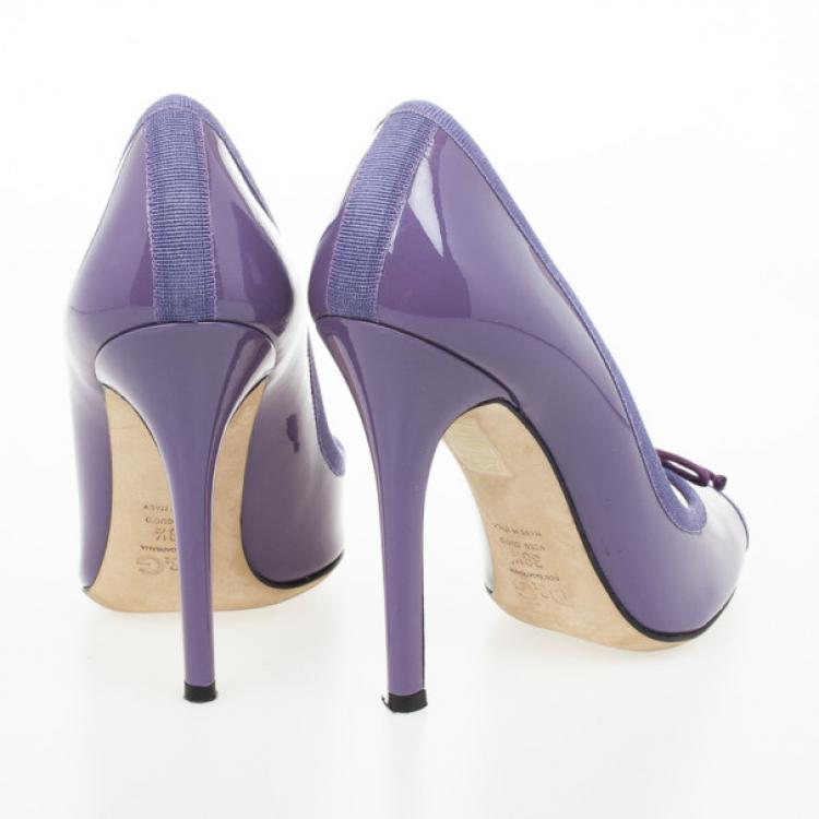 Pre Owned D&amp;G Purple Patent Bow Peep Toe Pumps Size 38.5