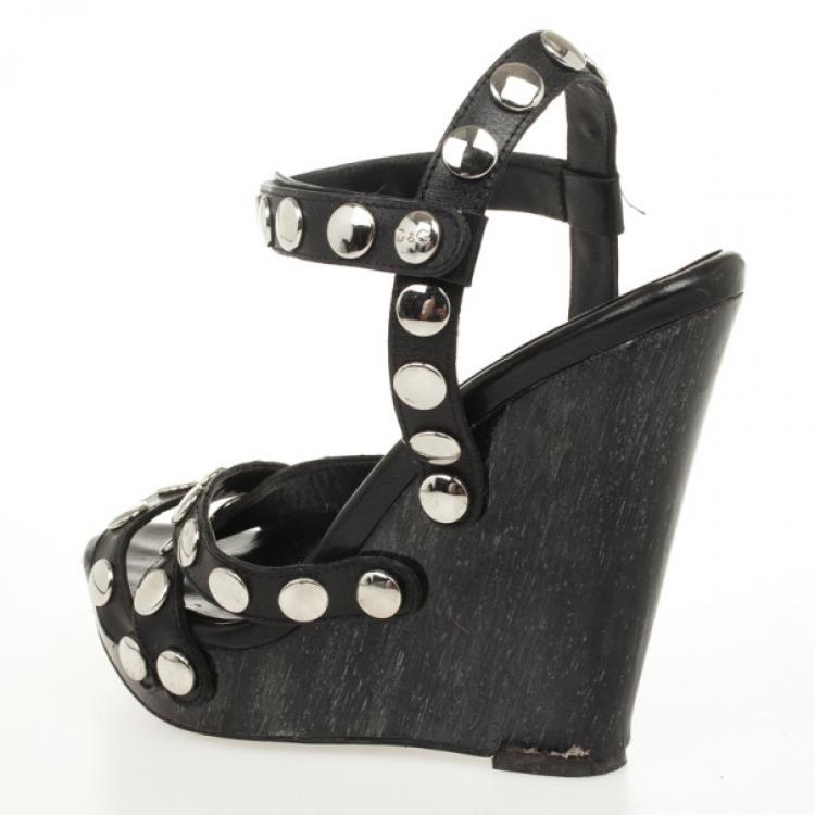 Pre Owned D&G Black Leather Studded Wedges Size 38.5