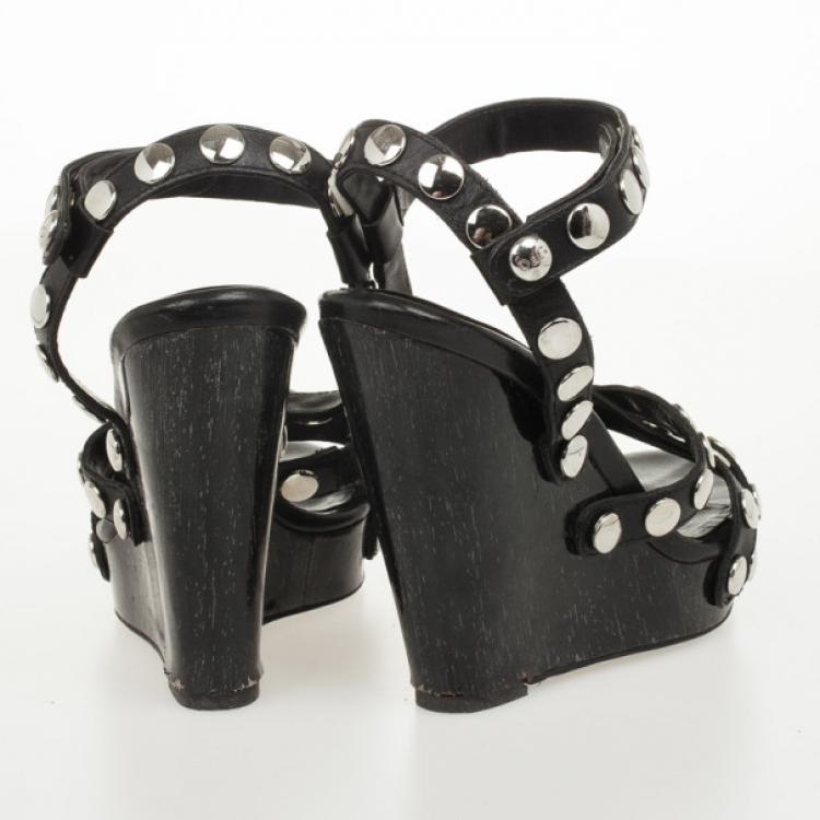 Pre Owned D&G Black Leather Studded Wedges Size 38.5