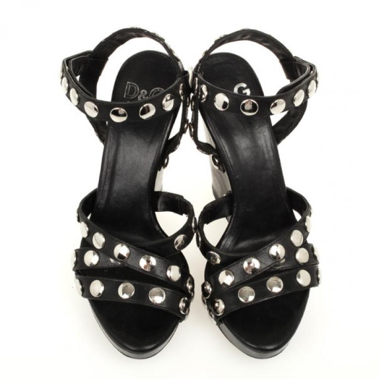 Pre Owned D&G Black Leather Studded Wedges Size 38.5