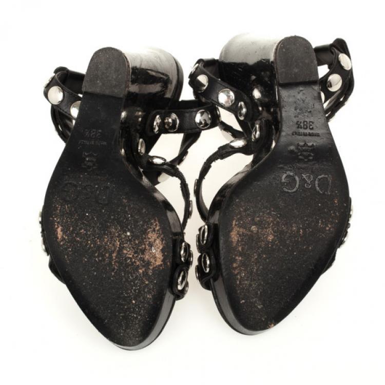 Pre Owned D&G Black Leather Studded Wedges Size 38.5