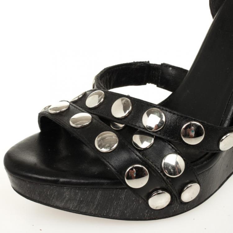 Pre Owned D&G Black Leather Studded Wedges Size 38.5