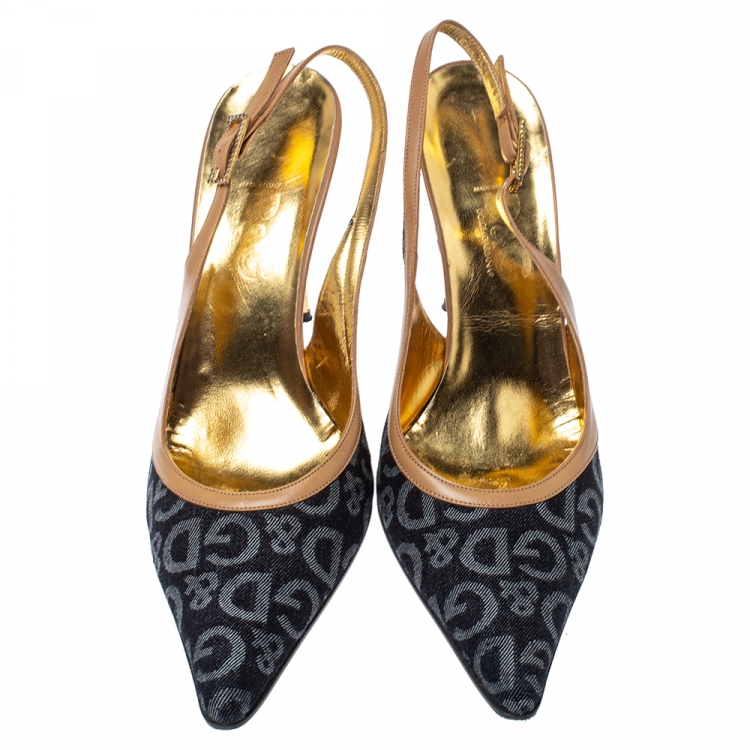 Pre Owned D&G Blue/Beige Denim and Leather Slingback Pumps Size 41