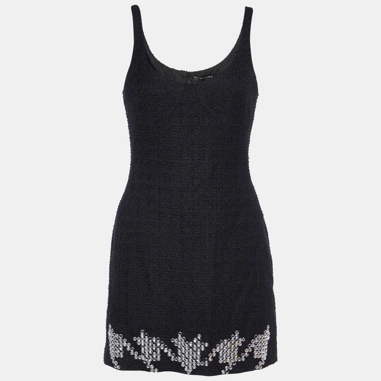 Pre Owned David Koma Black Tweed Houndstooth Crystal Embellished Mini Dress M