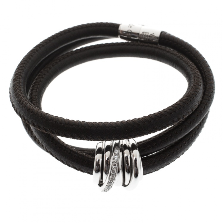 Pre Owned De Grisogono Allegra Diamond 18k White Gold Leather Wrap Bracelet
