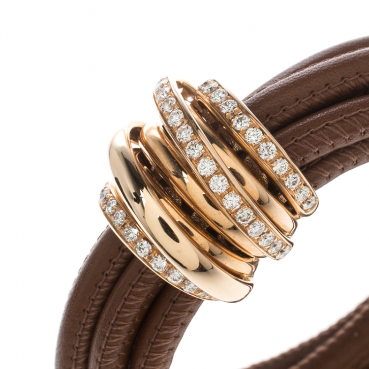 Pre Owned De Grisogono Allegra Diamond & 18k Rose Gold Brown Leather Wrap Bracelet