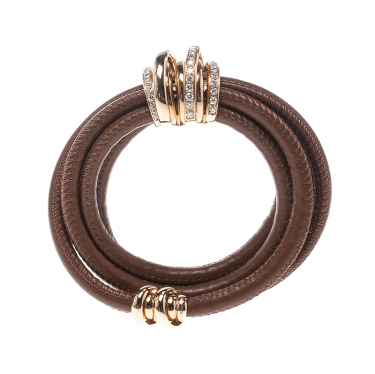 Pre Owned De Grisogono Allegra Diamond & 18k Rose Gold Brown Leather Wrap Bracelet