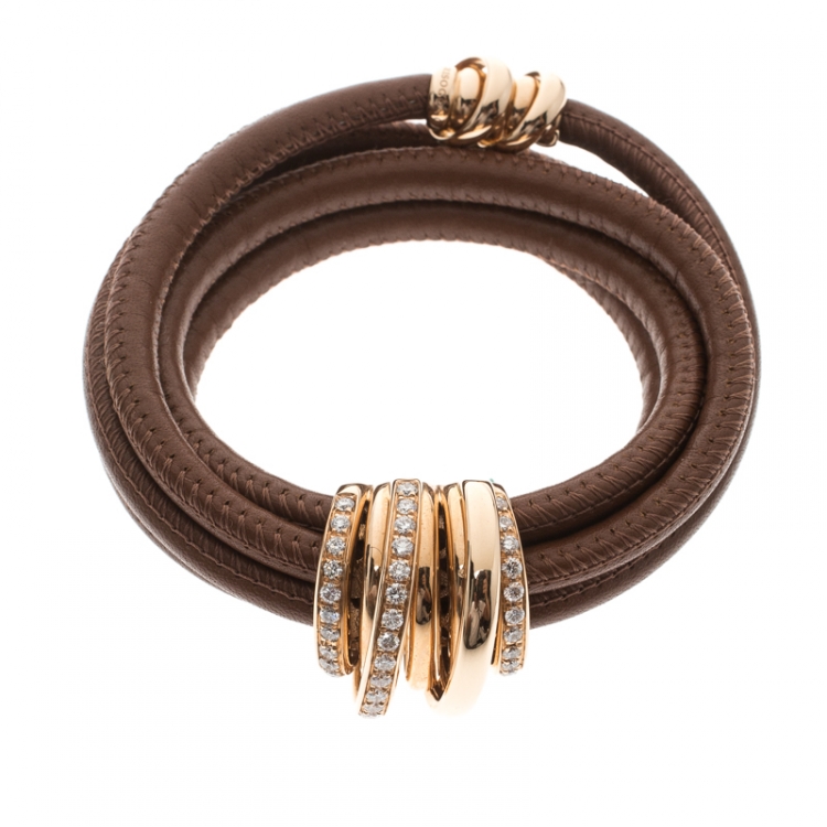 Pre Owned De Grisogono Allegra Diamond & 18k Rose Gold Brown Leather Wrap Bracelet