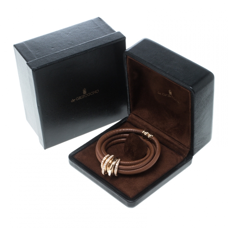 Pre Owned De Grisogono Allegra Diamond & 18k Rose Gold Brown Leather Wrap Bracelet