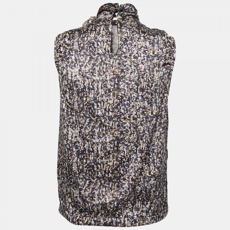 Pre Owned D&G Multicolor Sequin Printed Silk High Neck Sleeveless Top S
