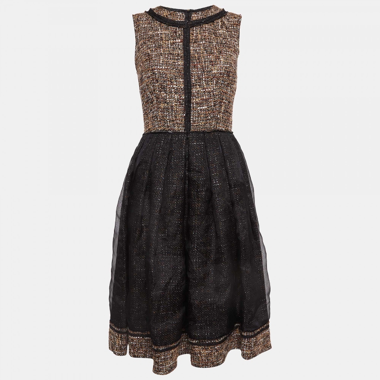 Pre Owned D&G Black and Brown Tweed Silk Overlay Flared Midi Dress M