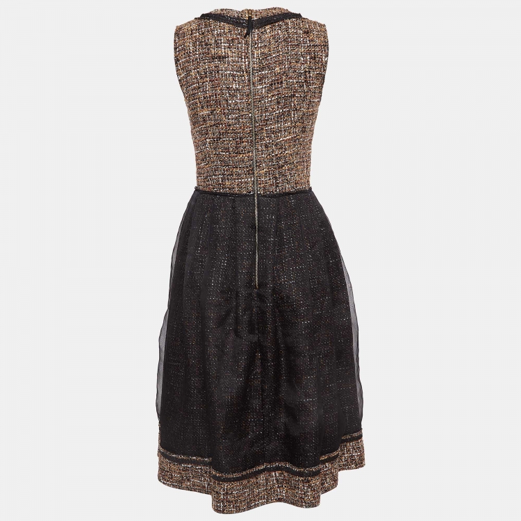 Pre Owned D&G Black and Brown Tweed Silk Overlay Flared Midi Dress M