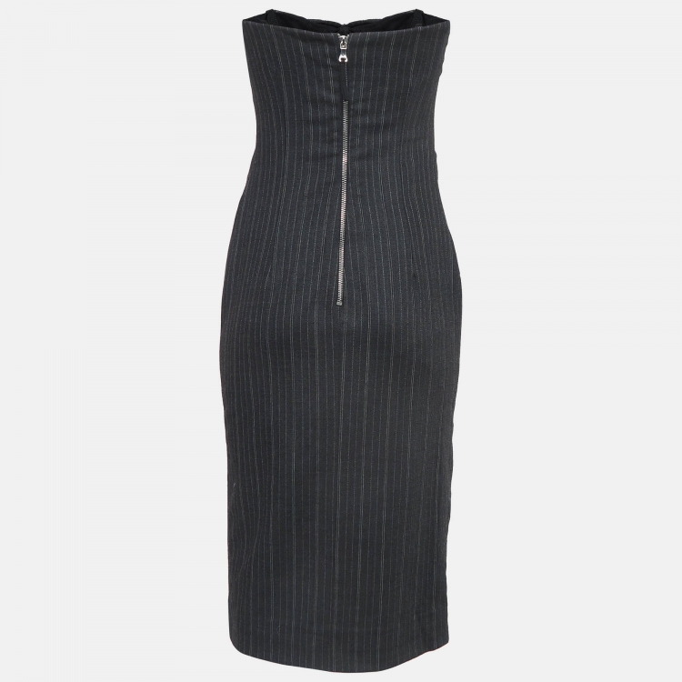 Pre Owned D&G Grey Pinstripe Gabardine Draped Detail Strapless Mini Dress M