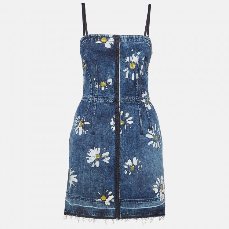 Pre Owned D&G Blue Floral Print Denim Zipper Mini Dress M