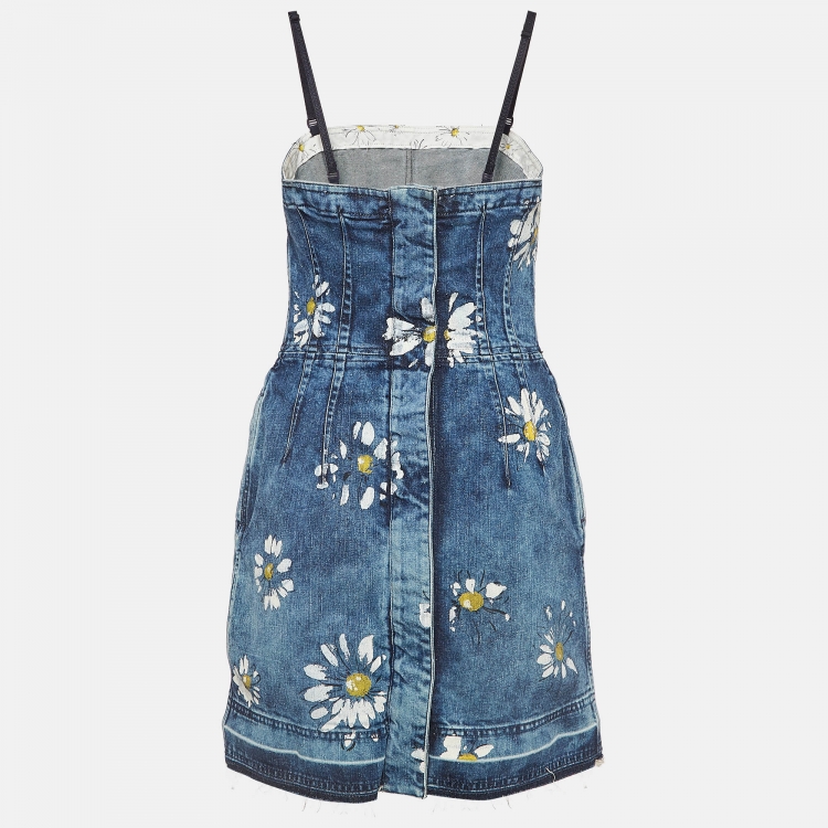 Pre Owned D&G Blue Floral Print Denim Zipper Mini Dress M