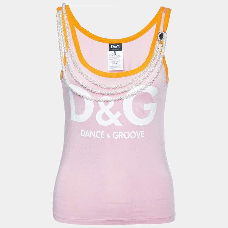 Pre Owned D&G Pink Knit Pearls Chain Detail Sleeveless T-Shirt M