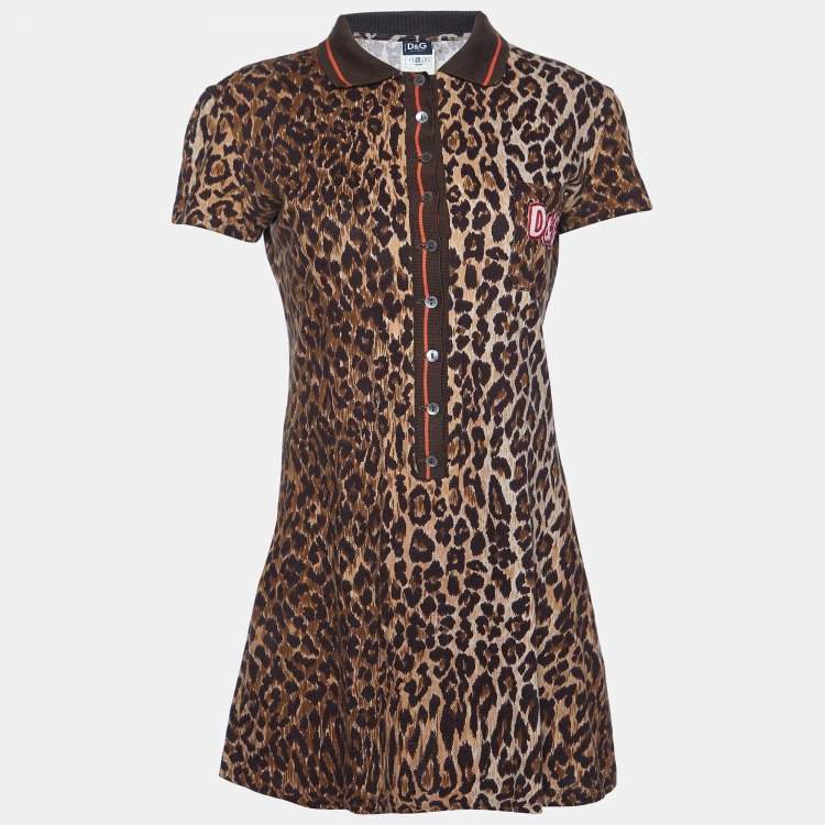 Pre Owned D&G Brown Leopard Print Cotton Pique Polo Dress M