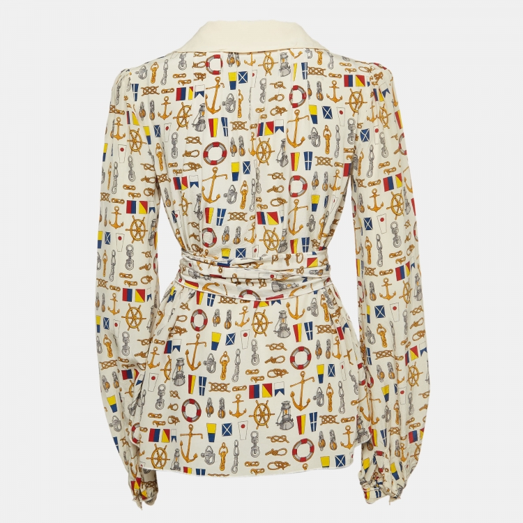Pre Owned D&G Off-White Printed Silk Buttoned Front Top M