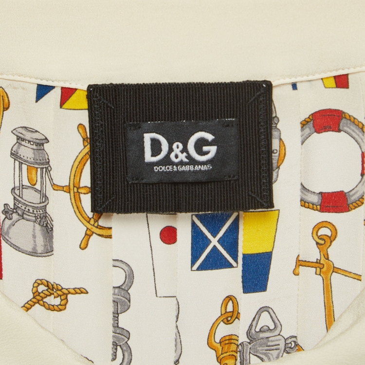 Pre Owned D&G Off-White Printed Silk Buttoned Front Top M
