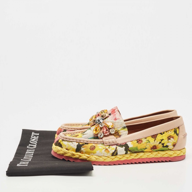 Pre Owned Dolce & Gabbana Multicolor Brocade Fabric And Leather Crystal Embellished Espadrille Loafers Size 38
