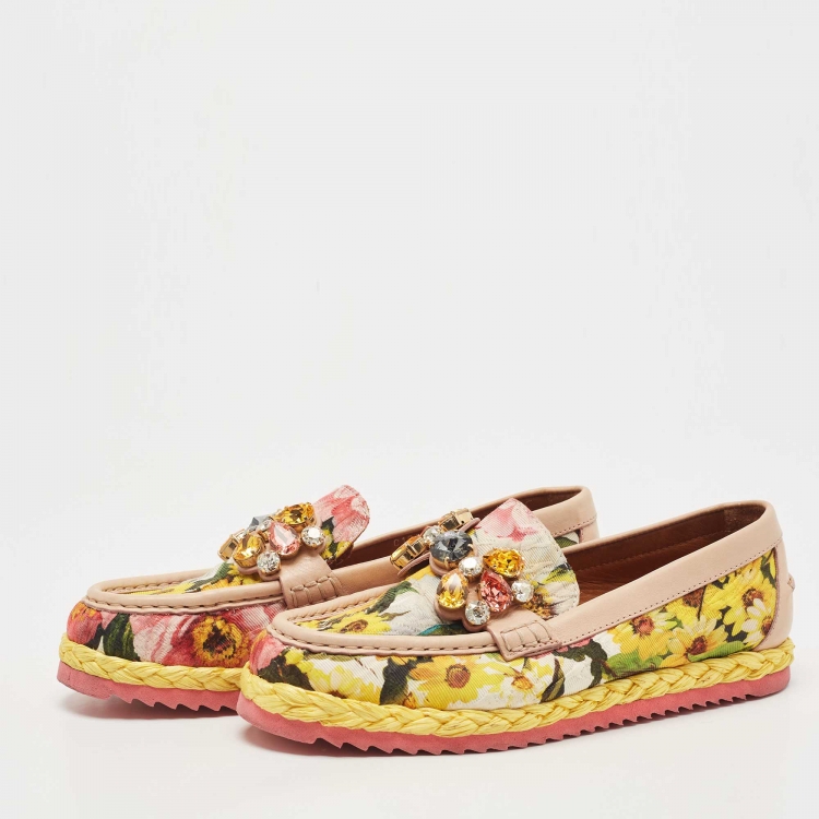 Pre Owned Dolce & Gabbana Multicolor Brocade Fabric And Leather Crystal Embellished Espadrille Loafers Size 38