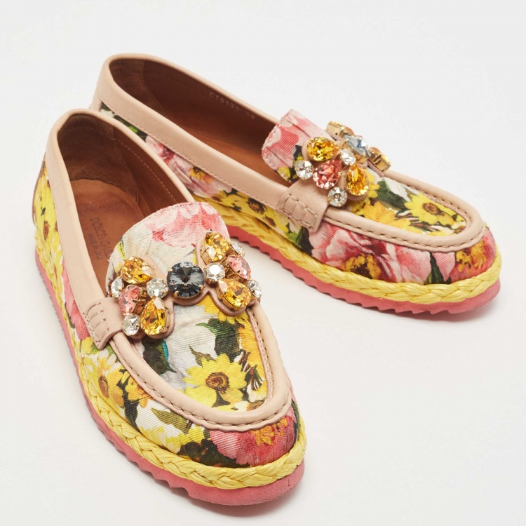 Pre Owned Dolce & Gabbana Multicolor Brocade Fabric And Leather Crystal Embellished Espadrille Loafers Size 38
