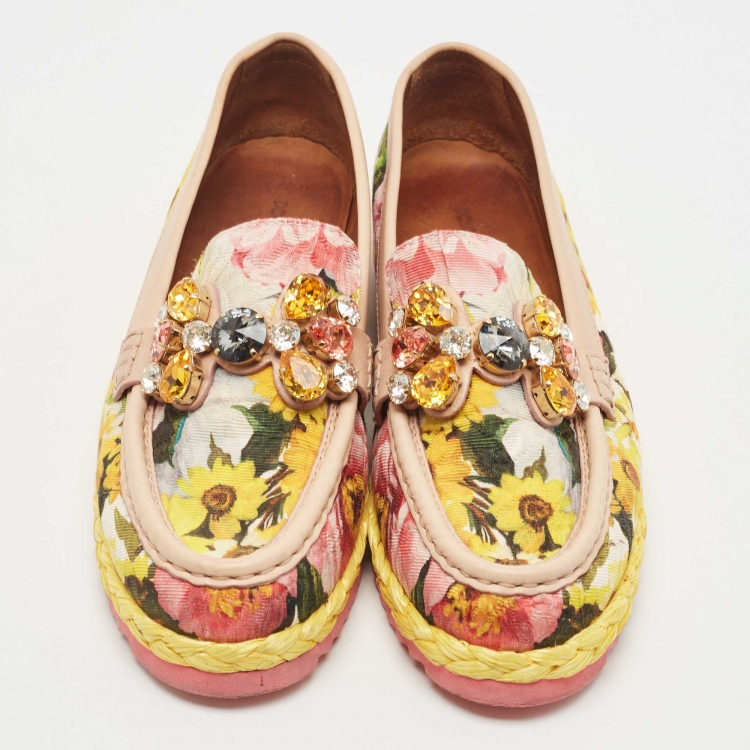 Pre Owned Dolce & Gabbana Multicolor Brocade Fabric And Leather Crystal Embellished Espadrille Loafers Size 38